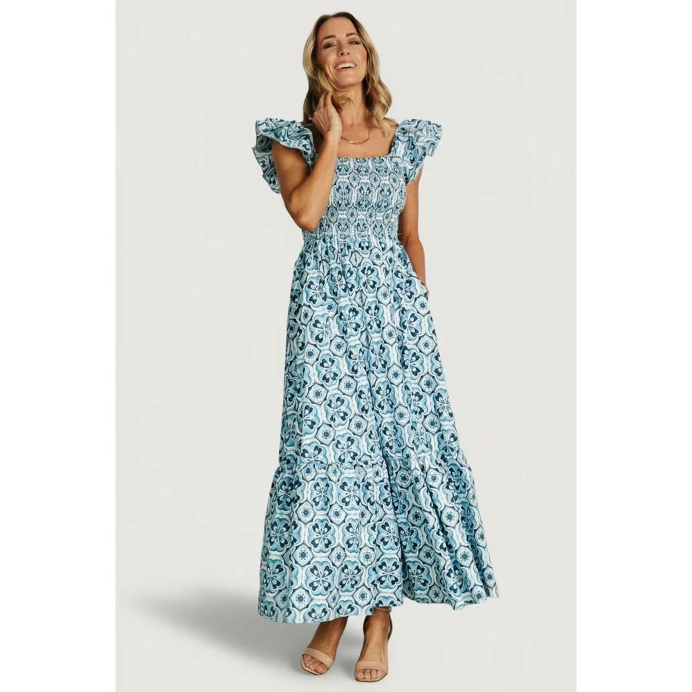 Baltic Born Zoey Smocked Maxi Dress NWT Size Small Blue Bump Friendly Modest